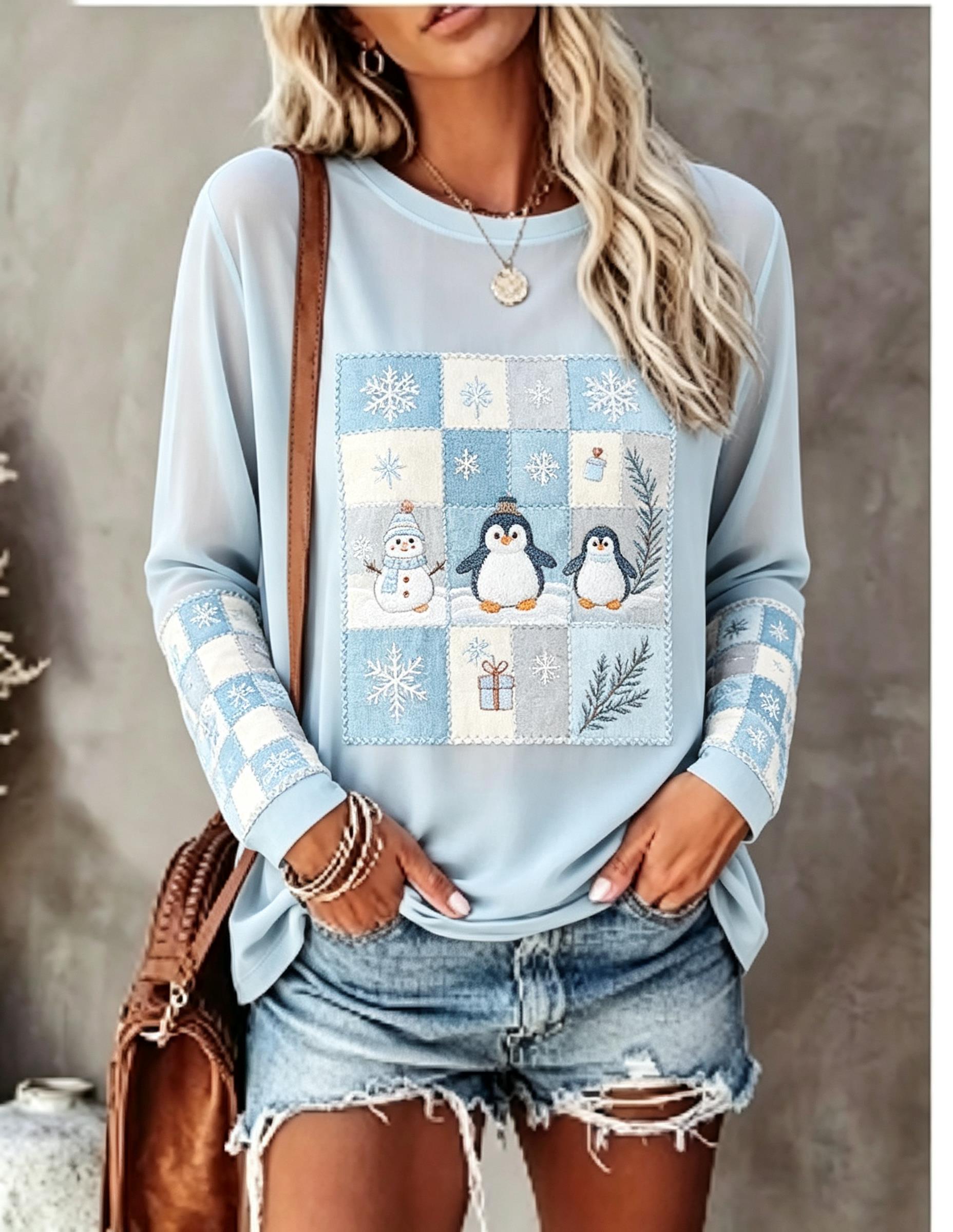 Winter Clothing For Women - تيشيرت نسائي بأكمام طويلة، بتصميم رقعي